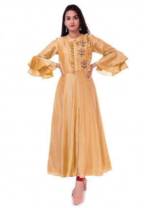 Embroidered Art Silk Flared Kurta in Beige