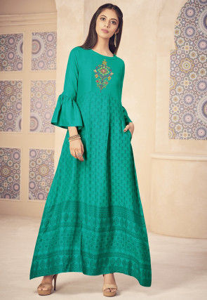 Embroidered Art Silk Flared Kurta in Teal Green