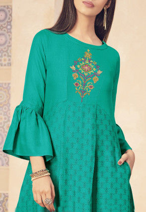 Embroidered Art Silk Flared Kurta in Teal Green