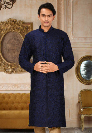 Indian Dark Blue color Solid Art Silk Mens Kurta Shirt Tunic Loose Fit Plus Size