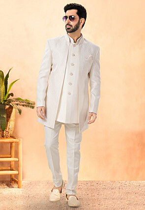 Embroidered Art Silk Front Open Kurta Set in Off White