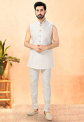Embroidered Art Silk Front Open Kurta Set in Off White