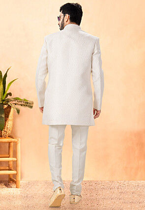 Embroidered Art Silk Front Open Kurta Set in Off White