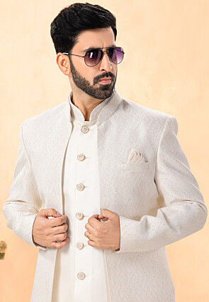 Embroidered Art Silk Front Open Kurta Set in Off White