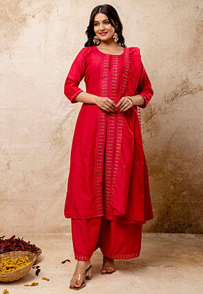 Embroidered Art Silk Front Open Pakistani Suit in Fuchsia