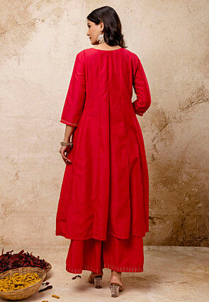 Embroidered Art Silk Front Open Pakistani Suit in Fuchsia