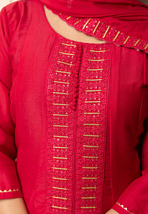 Embroidered Art Silk Front Open Pakistani Suit in Fuchsia