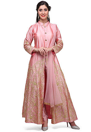 Embroidered Art Silk Front Slit Abaya Style Suit in Pink