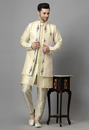 Embroidered Art Silk Sherwani in Light Beige and Cream