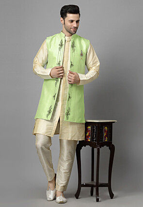 Embroidered Art Silk Sherwani in Light Beige and Light Green