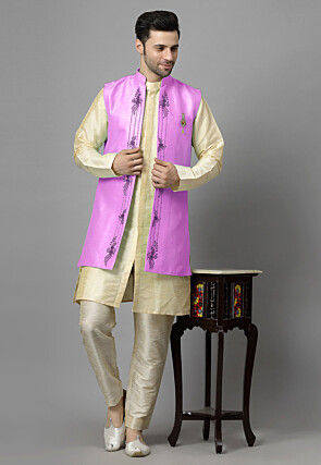 Embroidered Art Silk Sherwani in Light Beige and Light Purple