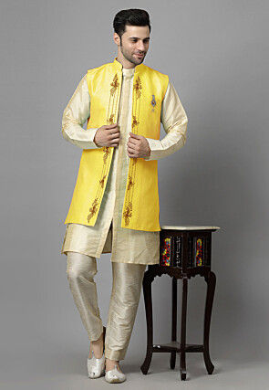 Embroidered Art Silk Sherwani in Light Beige and Yellow