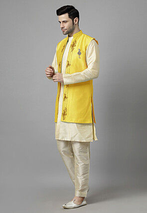 Embroidered Art Silk Sherwani in Light Beige and Yellow