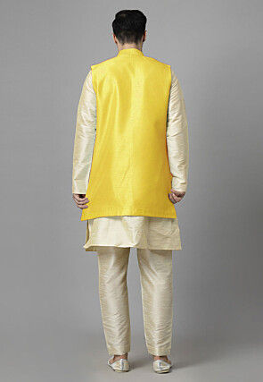 Embroidered Art Silk Sherwani in Light Beige and Yellow