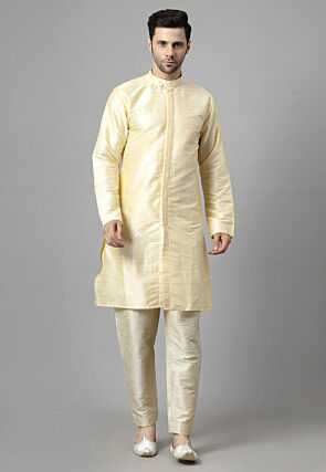 Embroidered Art Silk Sherwani in Light Beige and Yellow