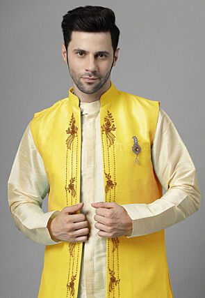 Embroidered Art Silk Sherwani in Light Beige and Yellow
