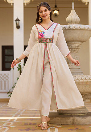 Embroidered Art Silk Front Slit A Line Suit in Off White