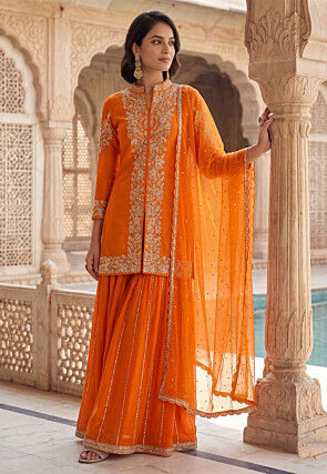 Embroidered Art Silk Front Slit Pakistani Suit in Orange