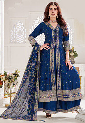 Embroidered Art Silk Front Slitted Pakistani Suit in Blue