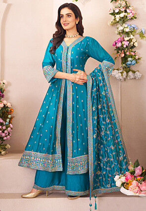 Embroidered Art Silk Front Slitted Pakistani Suit in Blue