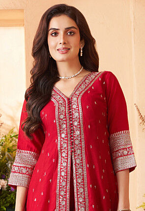 Embroidered Art Silk Front Slitted Pakistani Suit in Fuchsia