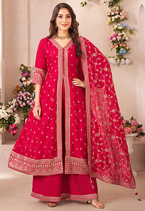 Embroidered Art Silk Front Slitted Pakistani Suit in Fuchsia