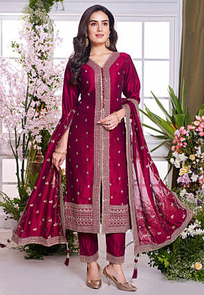 Embroidered Art Silk Front Slitted Pakistani Suit in Fuchsia