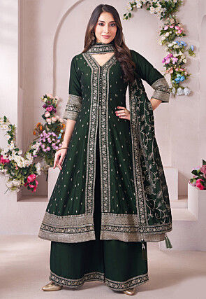Embroidered Art Silk Front Slitted Pakistani Suit in Green