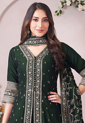 Embroidered Art Silk Front Slitted Pakistani Suit in Green