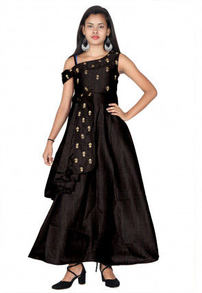 Embroidered Art Silk Gown in Black