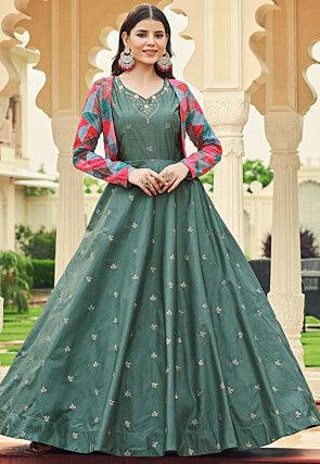 Embroidered Art Silk Gown in Dusty Green