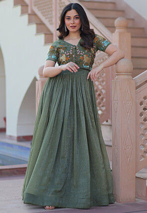 Embroidered Art Silk Gown in Dusty Green