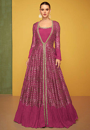 Embroidered Art Silk Gown in Fuchsia