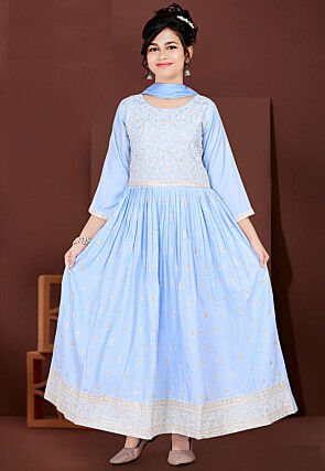 Embroidered Art Silk Gown in Light Blue