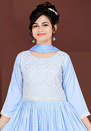 Embroidered Art Silk Gown in Light Blue