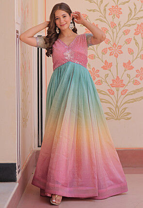 Embroidered Art Silk Gown in Multicolor