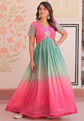 Embroidered Art Silk Gown in Multicolor