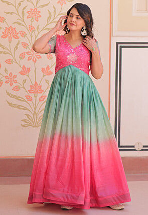 Embroidered Art Silk Gown in Multicolor