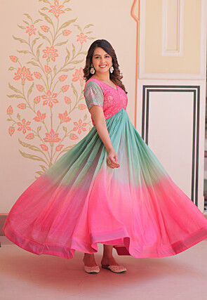 Embroidered Art Silk Gown in Multicolor