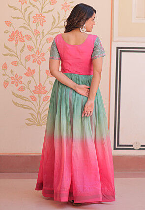 Embroidered Art Silk Gown in Multicolor