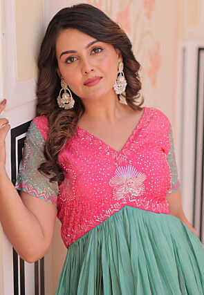 Embroidered Art Silk Gown in Multicolor