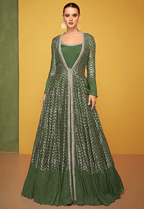 Embroidered Art Silk Gown in Olive Green