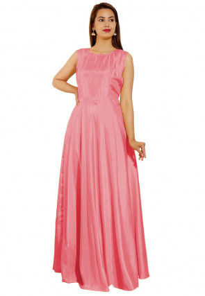 Embroidered Art Silk Gown in Peach