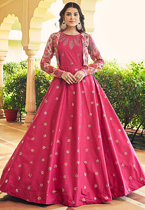 Embroidered Art Silk Gown in Pink