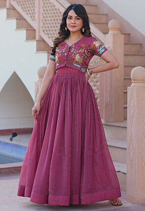 Embroidered Art Silk Gown in Pink