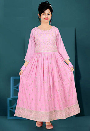 Embroidered Art Silk Gown in Pink
