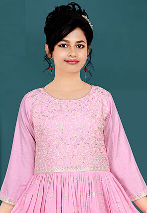 Embroidered Art Silk Gown in Pink