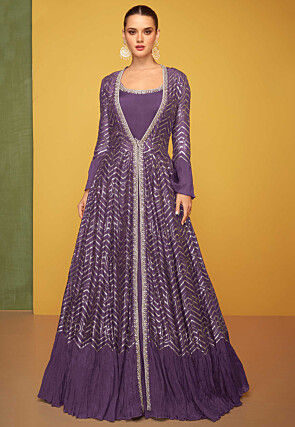 Embroidered Art Silk Gown in Purple