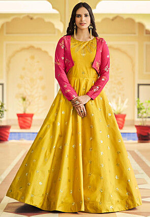 Embroidered Art Silk Gown in Yellow