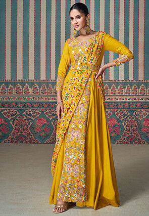 Embroidered Art Silk Gown with attached Dupatta in Mustard